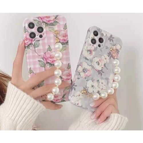 For iPhone 11pro 12mini 7 7plus 8 8plus 11 12 Mini Pro X XR XS Max Vintage Lattice Flower Pearl Bracelet Soft Phone Case Cover