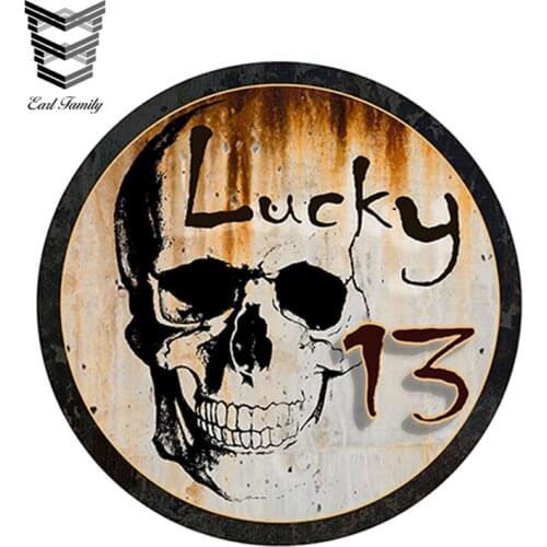 EARLFAMILY 13cm x 13cm Car Styling 3D Car Sticker Lucky 13 Skull Skeleton Rat Rod Gasser Rusty Decal Waterproof Accessories
