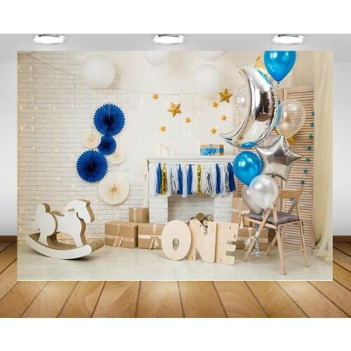 Celebration One Birthday Party Decoration Photography Backdrop Brick Wall Balloons Background Props Unicorn Gold Stars Photocall