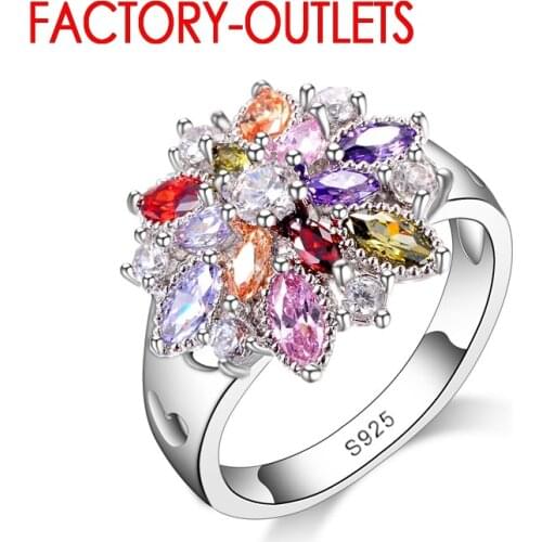 925 Sterling Silver Ring Fashion Jewelry Colourful Cubic Zirconia Flower Design Cute Style Women Girls Party Engagement