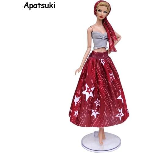 Fashion 1/6 Doll Clothes Set For Barbie Doll Outfits Party Gown Gray Top & Red Star Midi Skirt & Scarf Dolls Accessories Kid Toy