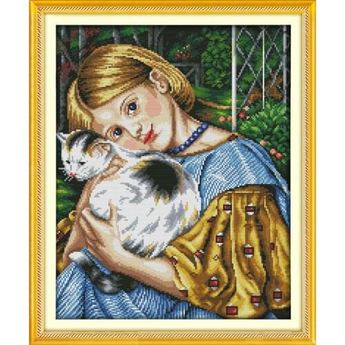 Girl and cat (3) cross stitch kit people 18ct 14ct 11ct count print canvas stitches embroidery DIY handmade needlework