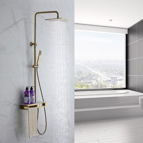 Bath Shower Faucet Set Gold Brass Shower Mixer Tap Hot & Cold Wall Mounted Shower Faucet Set with Handheld Shower and Shelf