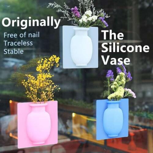 Wall Hanging Floret Bottle Silicone Vase Container Magic Sticker On Glass Plant Flower Pots Silicone Sticky Container Home Decor