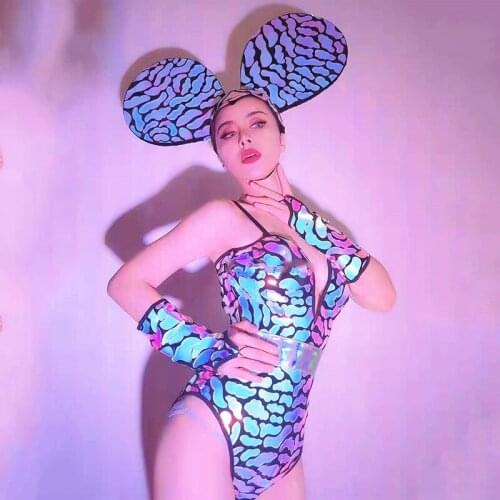 Nightclub Bar Dj Costume Irregular Mirror Bodysuit Ears Headwear Gogo Dancer Rave Clothes Cosplay Party Stage Outfit VDB3125