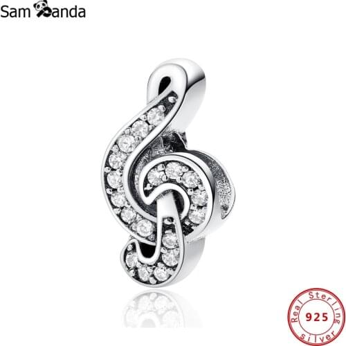 Original 100% 925 Sterling Silver Bead Charm Sweet Music Note Charms Treble Clef Pave CZ Fit Bracelets Women Diy Jewelry