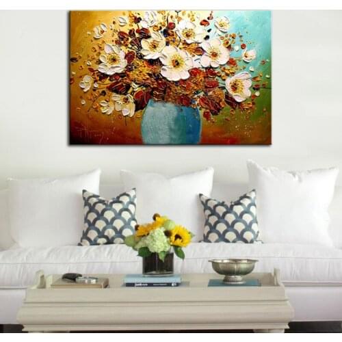 Modern hand painted white flower blossoming vase thick textured oil painting entrance way decorative art canvas