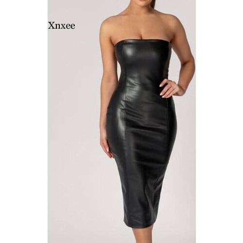 Strapless Stretch Pu Bodycon Midi Dresses Sexy Back Slit Black Chocolate Solid Elegant Outfit Party Faux Leather Dress