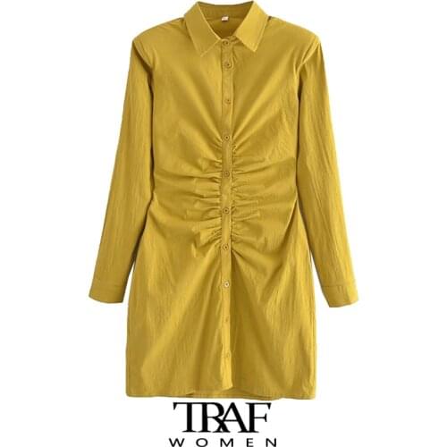 TRAF Za Women Chic Fashion With Pad Pleated Fitted Mini Dress Vintage Long Sleeve Button-up Female Dresses Vestidos Mujer