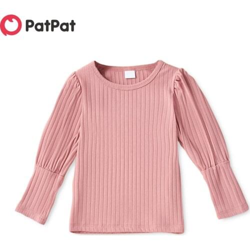 PatPat Toddler Girl Round-collar Casual Solid Ribbed Bishop Sleeve Top