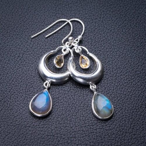 StarGems Natural Blue Fire Labradorite And Citrine Handmade 925 Sterling Silver Earrings 2" E0765