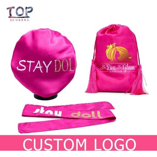 Custom Logo Hair Packing Bag/Bonnet/Scarf Silk Drawstring Pocket Hair Packaging Satin Bags Tassel Women Wig Storage Bag Gift Bag
