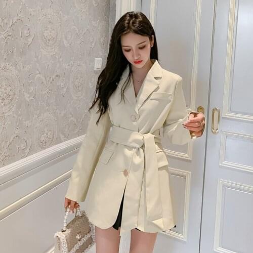 Korean-Style Loose Solid Color Blazer Slim Mid-Length Coat With Belt Formal Single Breasted Autumn Jacket