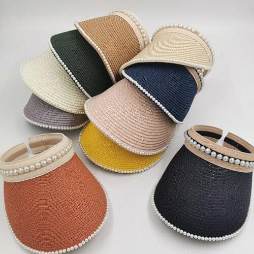 VRIGINER Women Summer Sun Straw Visor Wide-brimmed Pearl Hat Beach Hat Adjustable UV Protection Female Cap 2021 New