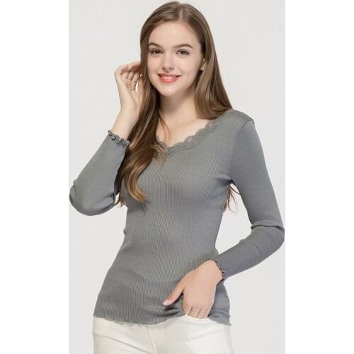 Womens 70% Silk Seamless Long Sleeve T-shirt Thread High Elastic Knitted Slim V-neck Lace Bottom Coat