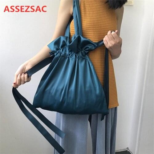ASSEZSAC New Women Shoulder Bag Female Handbag Fashion Wild Girl Cute Summer Drawstring Shoulder Bag Smooth Satin Bag