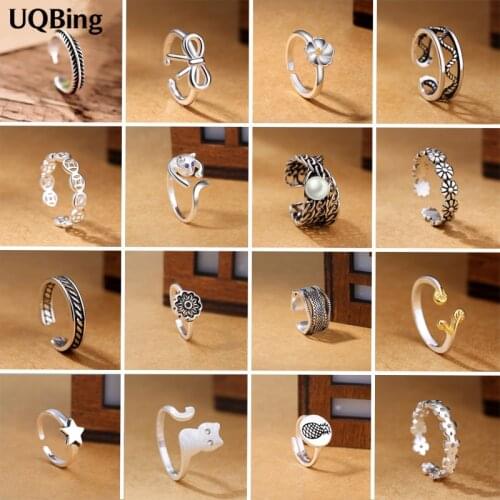 26 pcs Styles Fashion Handmade Quality Retro 925 Sterling Silver Adjustable Flower Star Pearl Rings Wholesale Women Jewelry