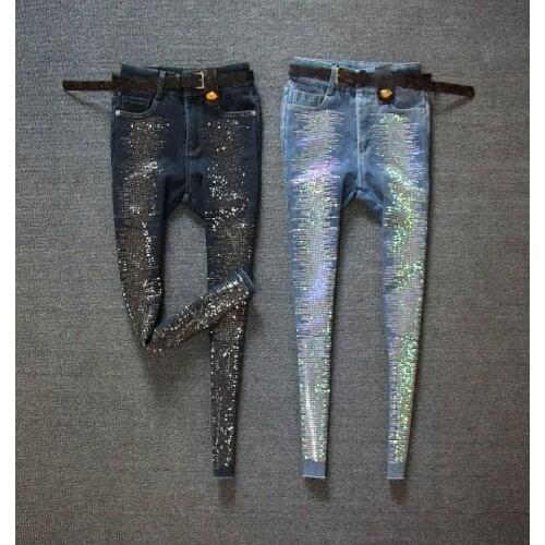 2021 Spring High Waist Rhinestone Stretch Skinny Denim Pencil Pants Jeans Lady Cloth Blue Nancylim