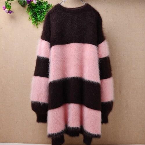 Top mujer femme real mink cashmere loose stripes long lantern sleeves o-neck angora rabbit fur pullover knitwear sweater winter