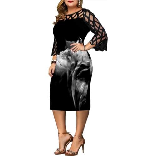 Women Knee-length Dress O Neck 3/4 Sleeve Floral Print Mesh Patchwork Bodycon Summer Dress robe femme платье летнее женское 2021