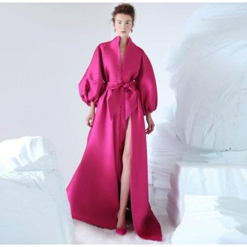 Fuchsia New Evening Dress abendkleider Full Puffy Sleeve Evening Gown Bow Fashion Formal Dresses abiye robe de soiree