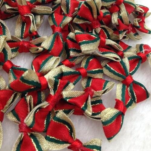 60pcs Satin Ribbon Flowers Bows Christmas Red W/ Gold Appliques B292