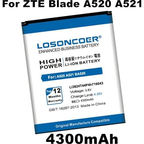 LOSONCOER 4300mAh Li3824T44P4h716043 Battery For ZTE Blade A520 A521 BA520 Battery