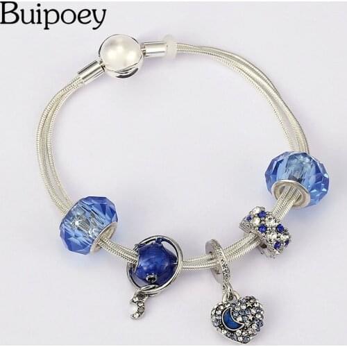Buipoey Multi Snake Chain Bracelets For Women Original Blue Moon Heart Charm Star Beads Bracelet & Bangle Jewelry Gift