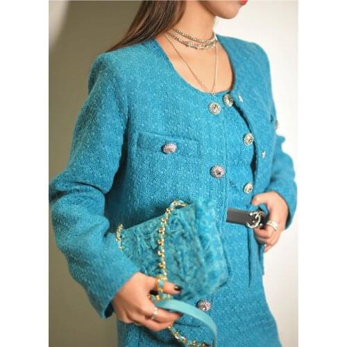 Elegant Turquois Chain Diamond Button Tweed Blazer/Tank Tops/Mini Skirt Sets Office Knit Woven Cropped Boxy Jacket Suit Cardigan