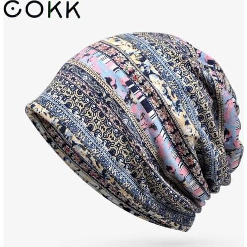 COKK Cotton Beanie Spring Summer Hat Women Men Flower Printed Elastic Headwear Headwrap Gorro Bonnet Female