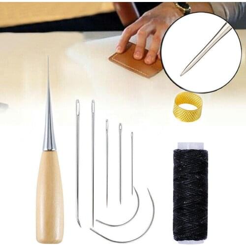 7Pcs Sewing Needles Stitching Leather Waxed Thread Cord Sew Drilling Awl Thimble DIY Leather Tool Set Leather Hand Sewn Suit