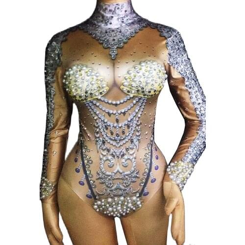 Sparkly Rhinestones Pearls Bodysuit Nightclub Celebrate Party One-Piece Wear Prom Birthday Bar Women Singer Dance Costumes