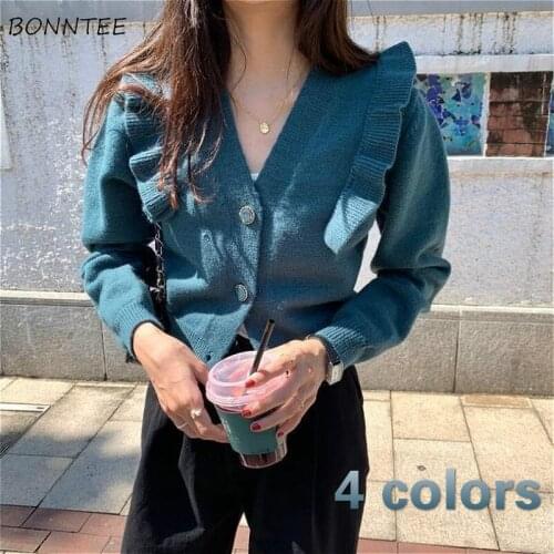 Cardigan Women Solid V-neck Female Cardigans Basic Knitted All-match Spring Elegant Daily Vintage Ruched Sweater 4 Colors Retro