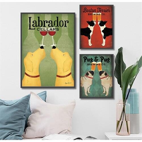 Canvas Painting Couple Dog Drink Labrador Pug Black Dogs Wall Pictures for Living Room Decoration Kitchen Decor Retro Animals