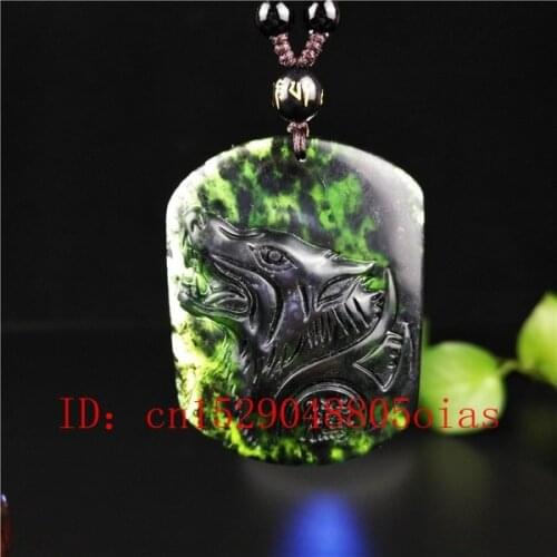 Certified Chinese Natural Black Green Jade Wolf Pendant Necklace Obsidian Charm Jewelry Accessories Carved Amulet Gifts for Men