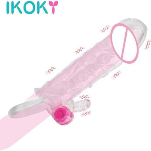 IKOKY Penis Sleeve Vibrator Enlargement G-spot Cock Sleeve Delayed Ejaculation Sex Toys For Men Reusable Condom Penis Rings
