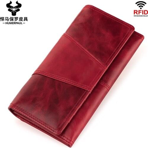 Women Genuine Leather Wallet RFID Blocking Lady Long Purse Purse Brand Design Luxury Cow Wax Leather Female Cluth Coin Purse