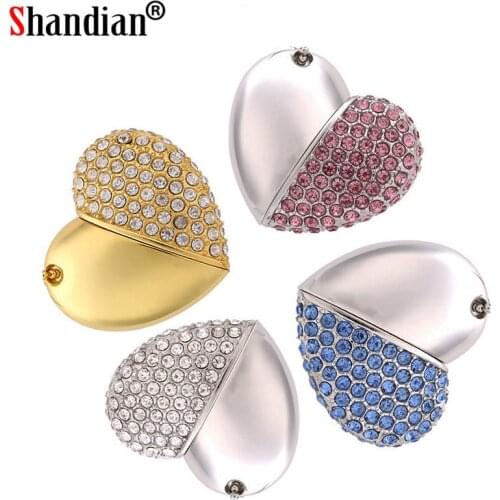 Metal Necklace USB 2.0 Flash Drive 4GB 8GB 16GB 32GB 64GB 128GB Love Heart Pen Drives Wedding Gifts Memory Stick Golden U Disk