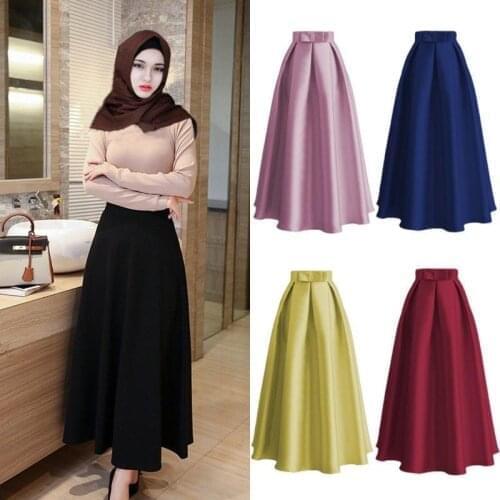Fashion Satin Muslim Women High Waist Pleated Long Skirts Flared Full Skirt Swing A Line Solid Color Islamic Bottoms Casual Arab