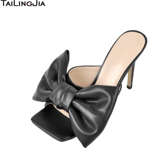 Black Knotted Mules Siletto High Heel Bowknot Sandals for Women Party Heels Square Toe Red Slippers Ladies Large Size Slides