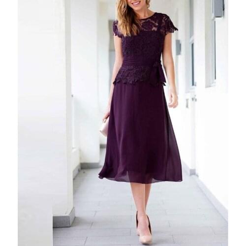 Charming Purple Lace Jewel Neck Short Sleeve Mother of the Bride Dresses Tea Length Wedding Party Gowns With Sash