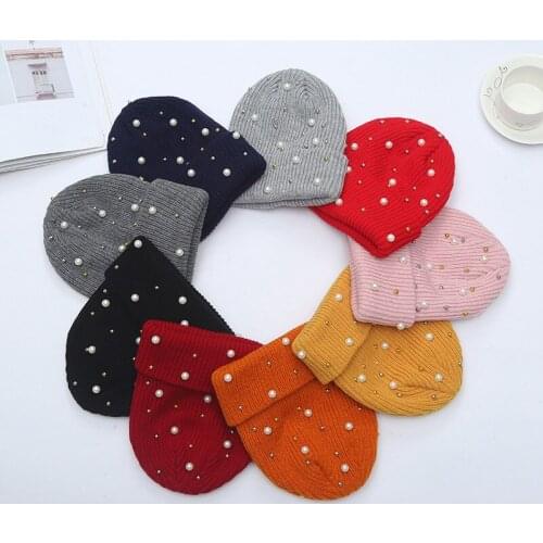 Pearl Inlay Solid Color Keep Warm Knitting Beanie Hat Unisex Autumn Winter Hip Hop Outdoor Women Ski Cap Skull Cap