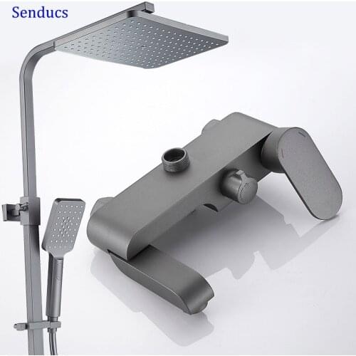 Wholesale and Retail Hot and Cold Bathroom Shower Faucet Deep Grey Bathtub Shower System Square Head and Lifted Bar Shower Set