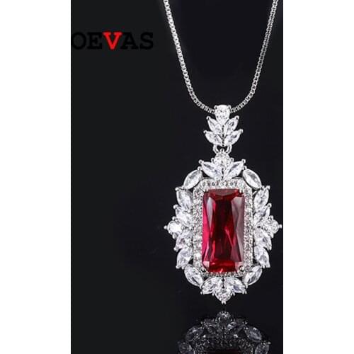 OEVAS 100% 925 Sterling Silver 12*16mm Ruby High Carbon Diamond Pendant Necklace For Women Sparkling Wedding Party Fine Jewelry