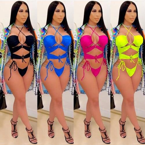Sexy Lace Up Bikinis Set Halter One Piece High Waist Thong and Print Cover-ups Swimming Beach Bathing Suit Hollow Out Romper Hot