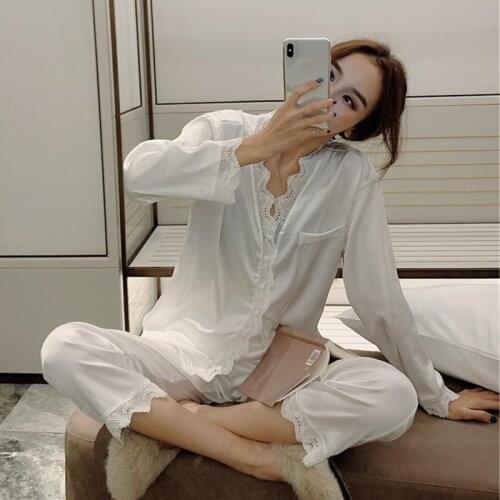 Spring Pajamas For Women Sleepwear Female Long Sleeve Trousers Satin Silk Nightwear Suit Pijamas 2 Piece/Set Home Suit Pyjama