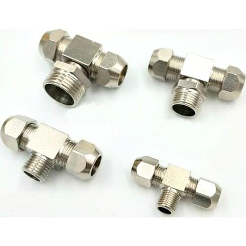 Fit 6/8/10/12mm Tube O/D -1/8" 1/4" 3/8" 1/2" BSP M10 Male Middle Tee Nickel Brass Ferrule Pneumatic Air Compression Fitting