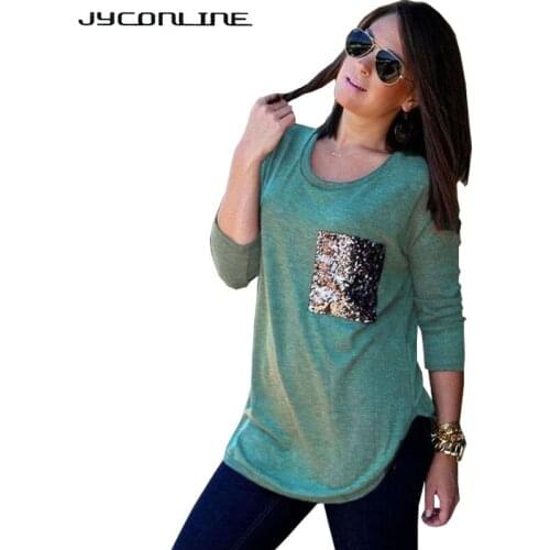 JYConline Casual Women T-shirt Long Sleeve T Shirt Women Tops Plus Size Female T-shirt Tees Patchwork Sexy T-shirt With Pocket