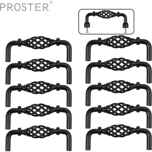 PROSTER 10Pcs Matt Black Kitchen Cabinet Door Drawer Handle Birdcage Twist Spiral Shape Pull Handles Home Decor Hadware 96mm