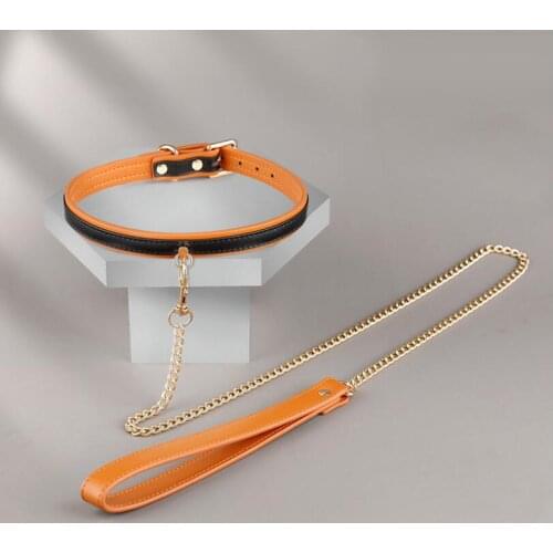 Sexy Genuine Leather Chain Collar with Leash BDSM Bondage Fetishs Collar Adult Lingerie Sex Accessories for Woman S0882